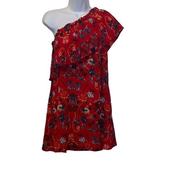 𝅺Umgee EUC Red Floral One Shoulder Ruffle Mini Dress Sz S - Picture 1 of 7